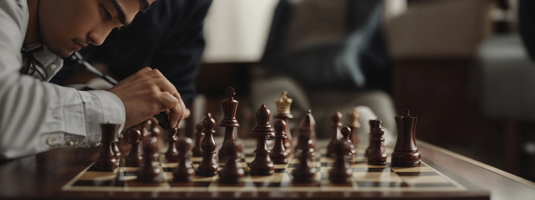 a chessboard with one player analyzing a move, symbolizing strategic seo competition.
