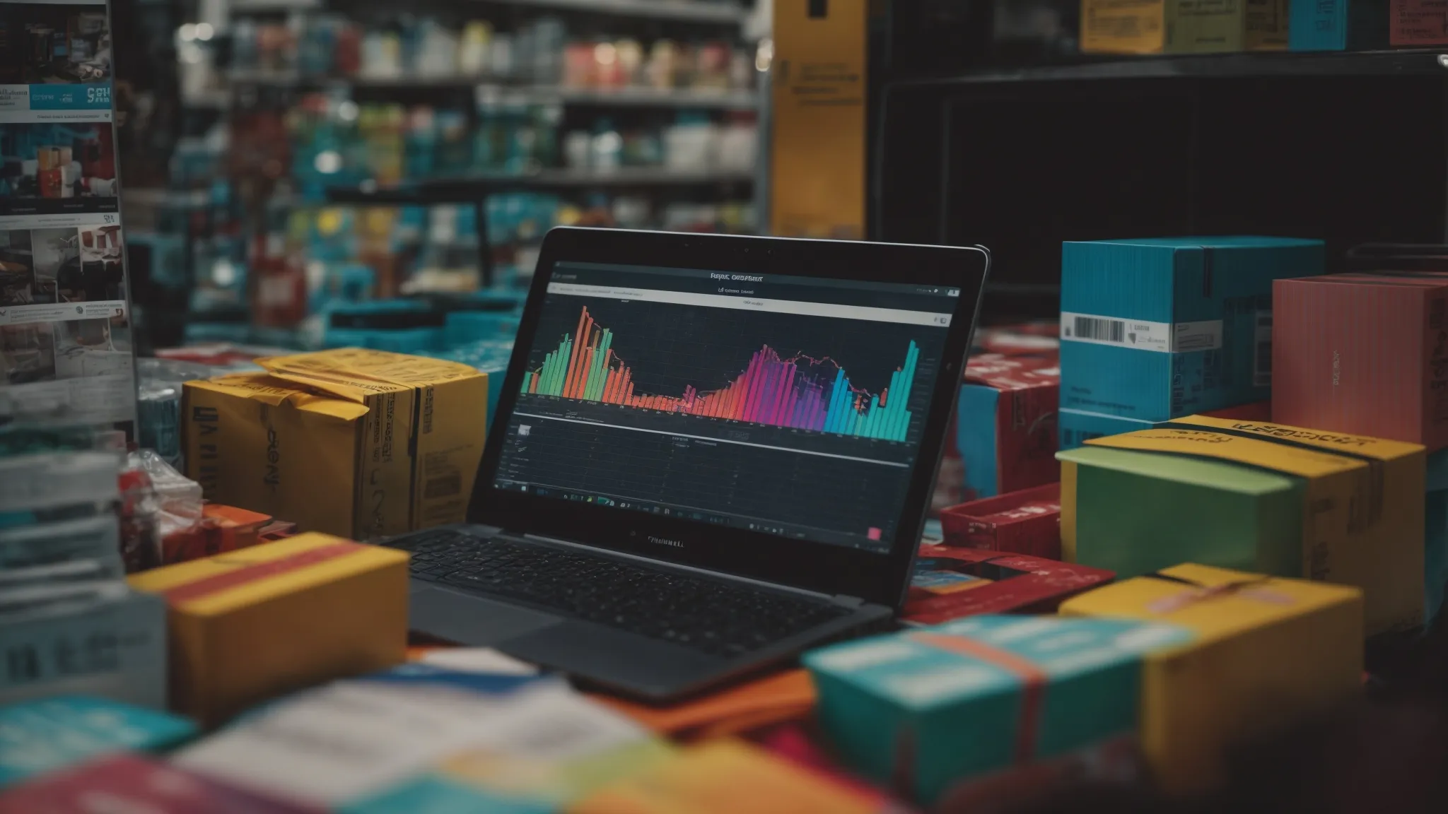a laptop displaying colorful graphs next to a shopping cart filled with product boxes.