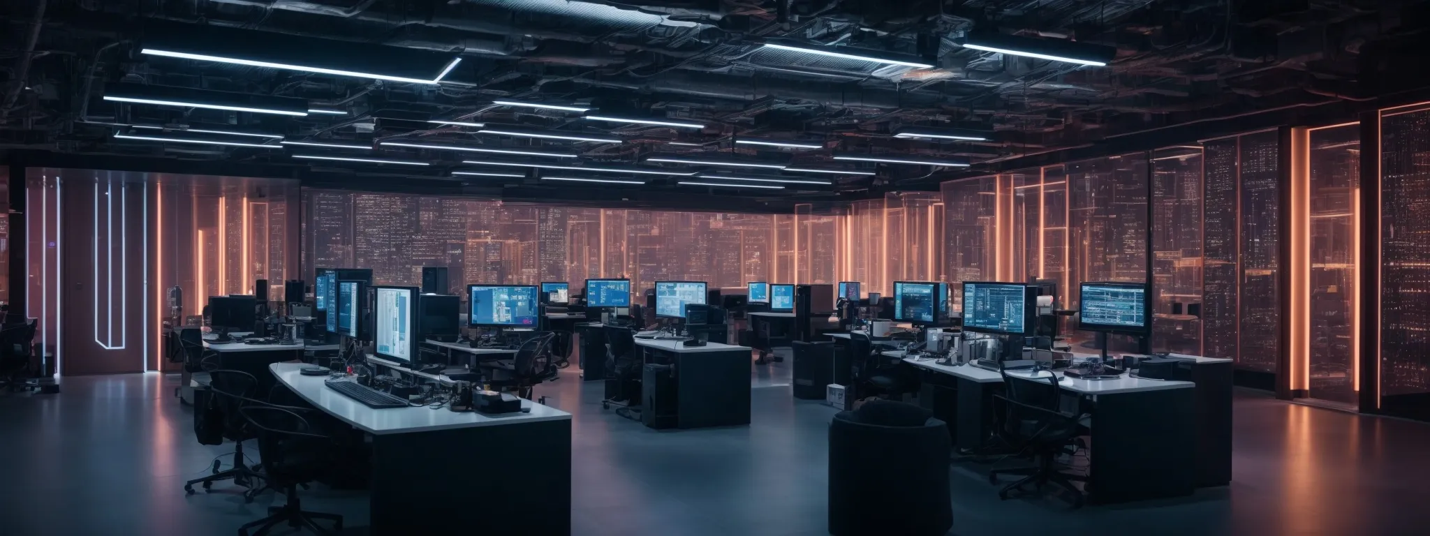 a futuristic ai lab with servers and glowing neural network illustrations on screens.