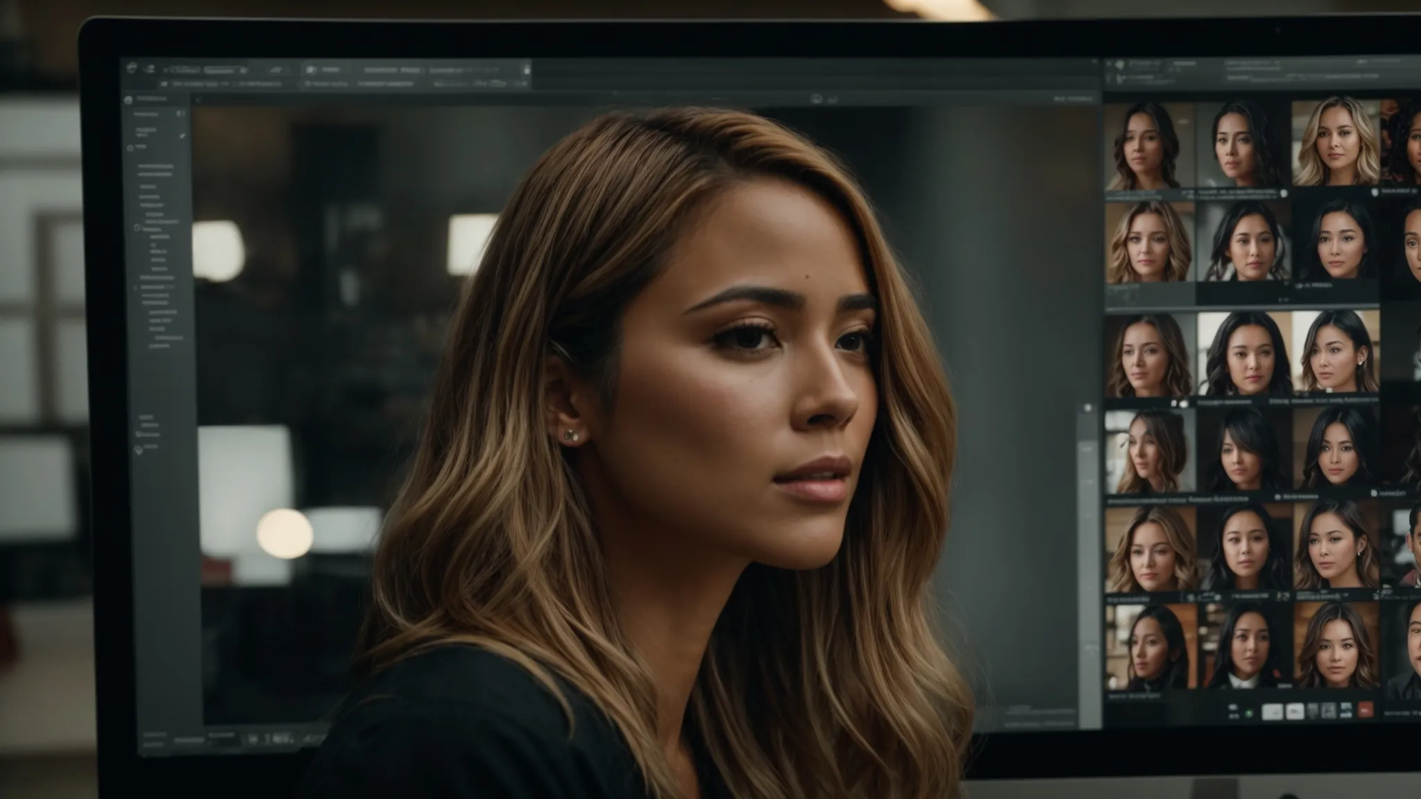 a digital marketing expert reviews a computer screen displaying a before-and-after comparison of a celebrity's face altered by deepfake technology.
