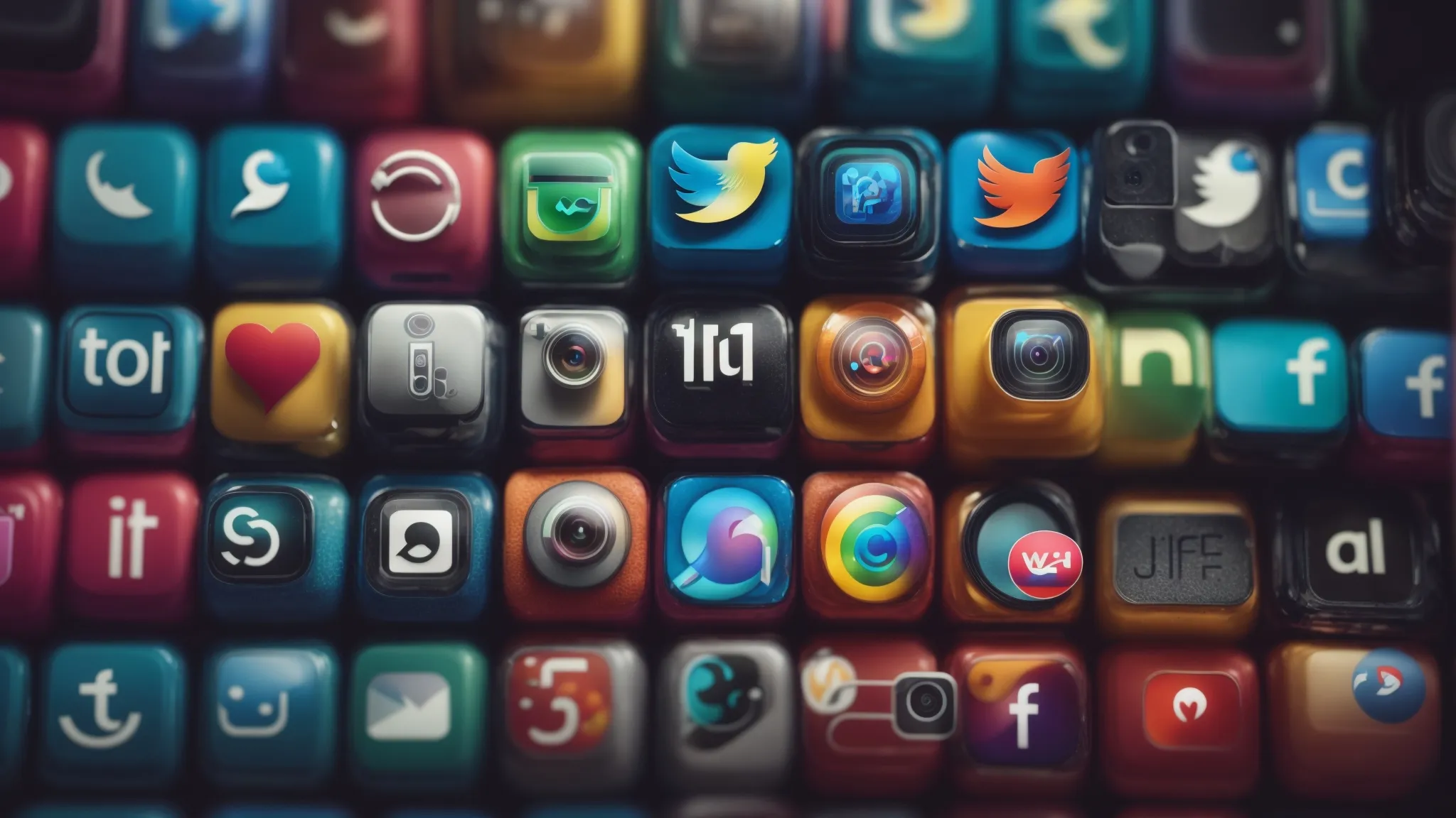 a row of colorful icons representing different social media and digital marketing tools on a computer screen.