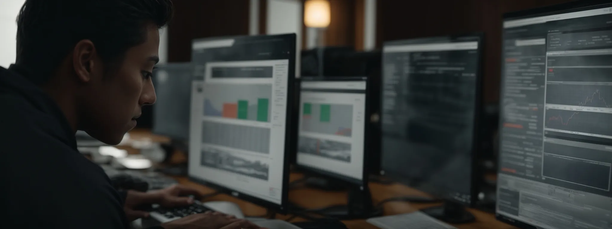 a person sitting at a computer, analyzing data on a screen showing a search engine results page with various result types.