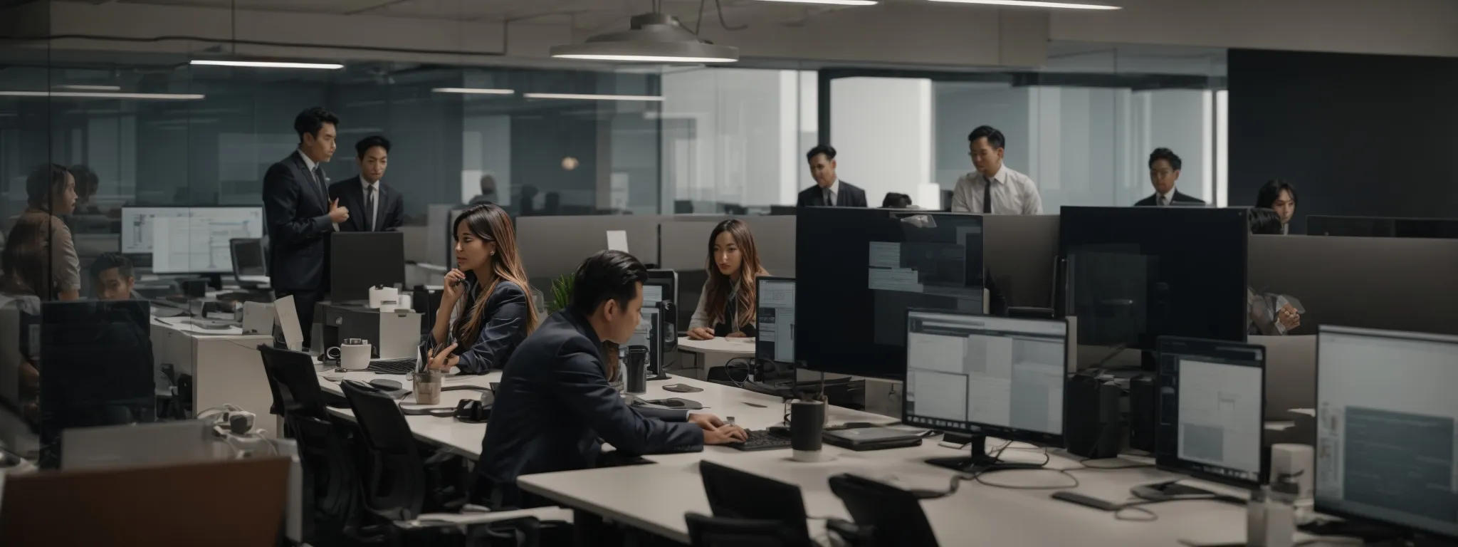 a focused team of professionals conducting a strategy meeting around a single computer in a modern office environment.