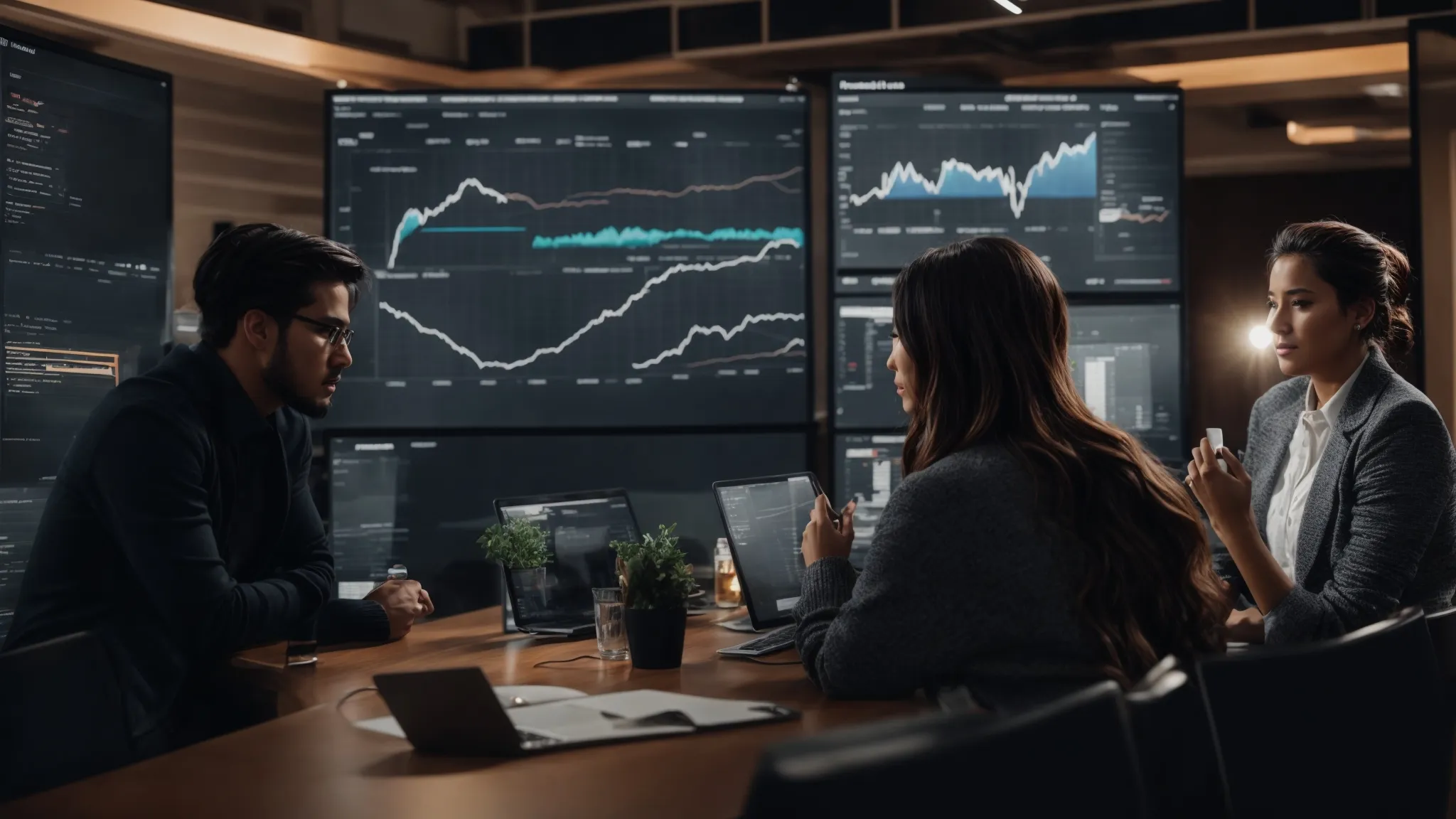 a team of digital marketers discuss strategies next to a large screen displaying graphs of website traffic trends.