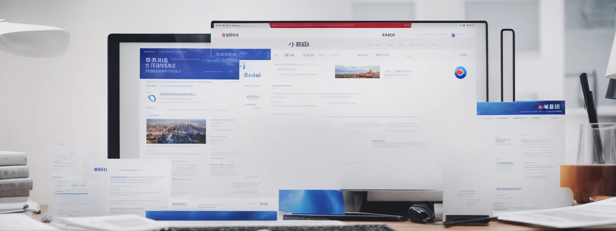 a computer screen displaying the homepage of baidu's search engine amidst a sea of legal documents and compliance certificates.
