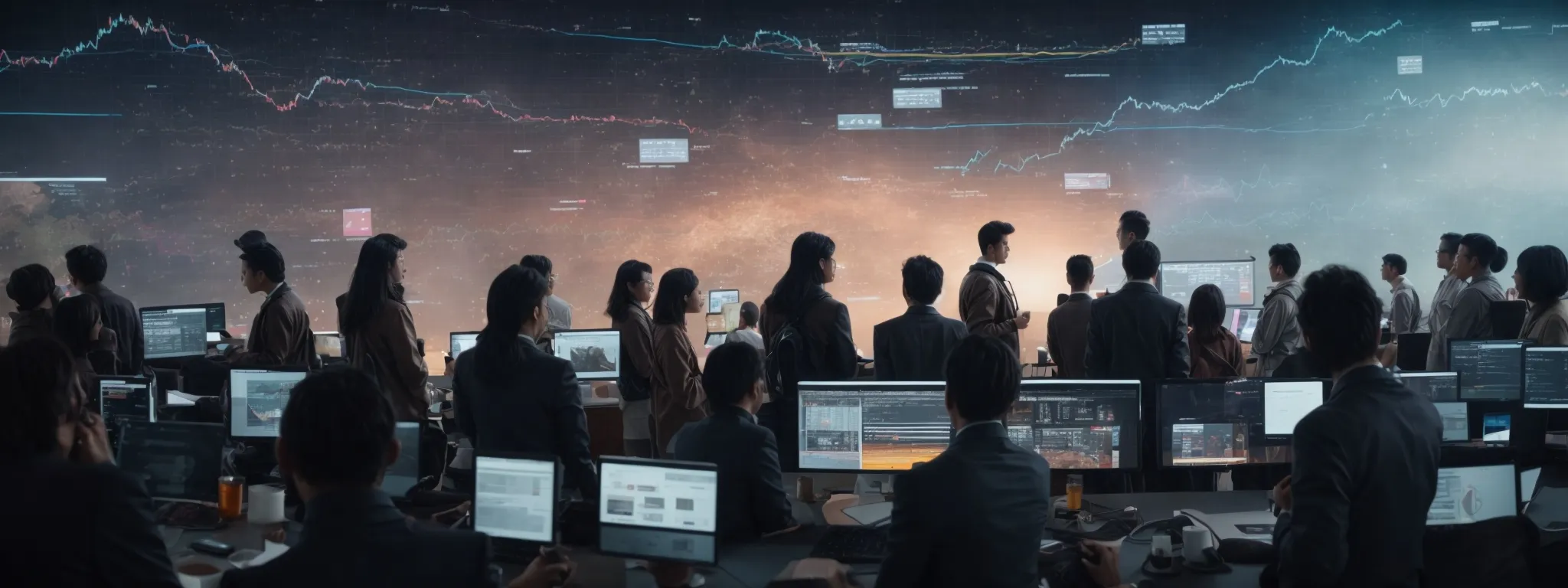 a cluster of diverse individuals with various digital devices congregating around a large, glowing screen displaying charts and web analytics.