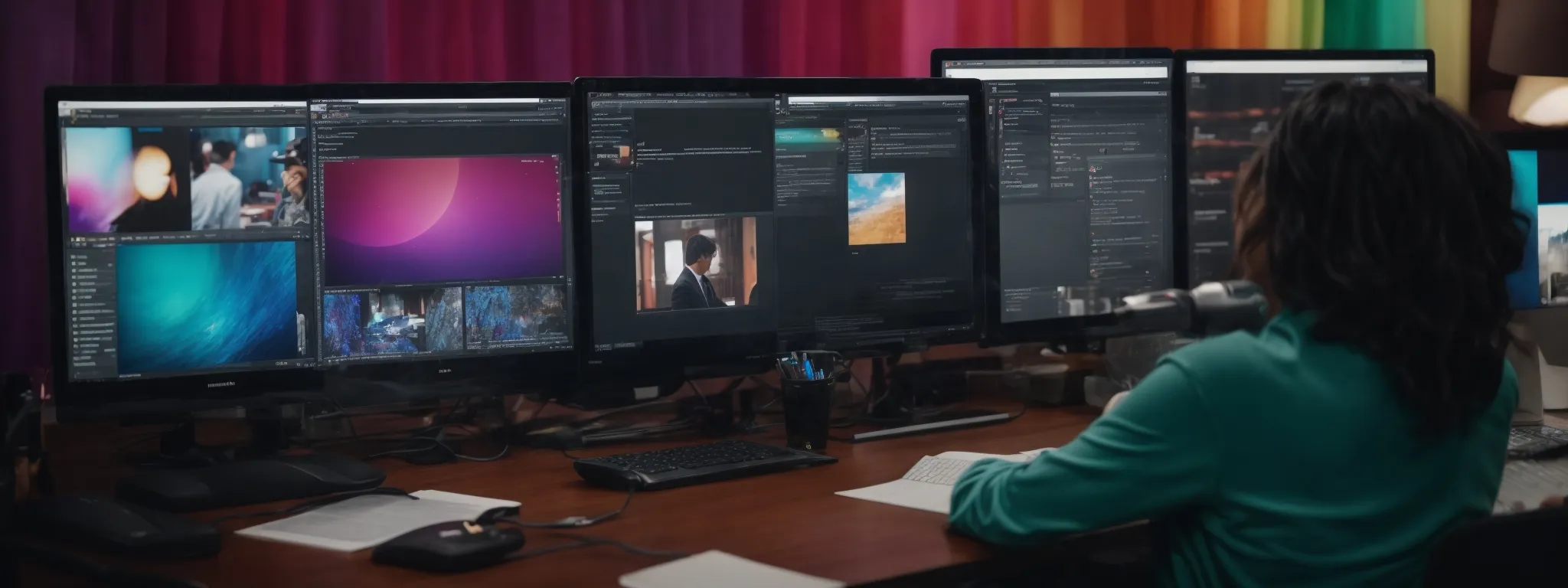 a person sits before multiple computer screens, each displaying a different, colorful social media interface while taking notes on effective engagement strategies.