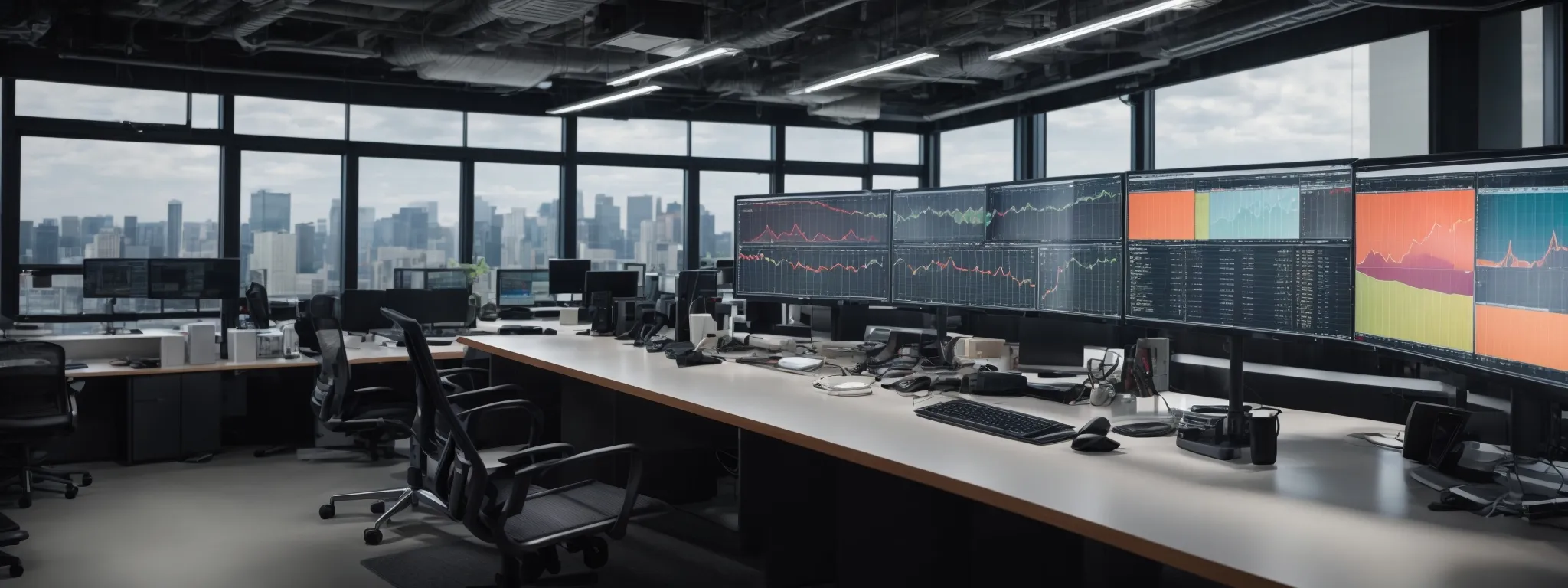 a panoramic view of a modern office with multiple computer screens displaying colorful graphs and analytical data.