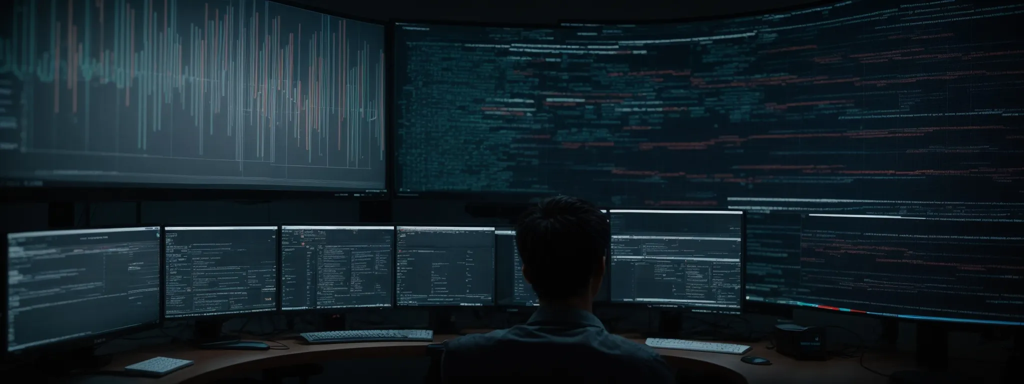 a programmer sits in front of a large monitor displaying lines of code while a subtle arrow graphics suggest movement and direction.