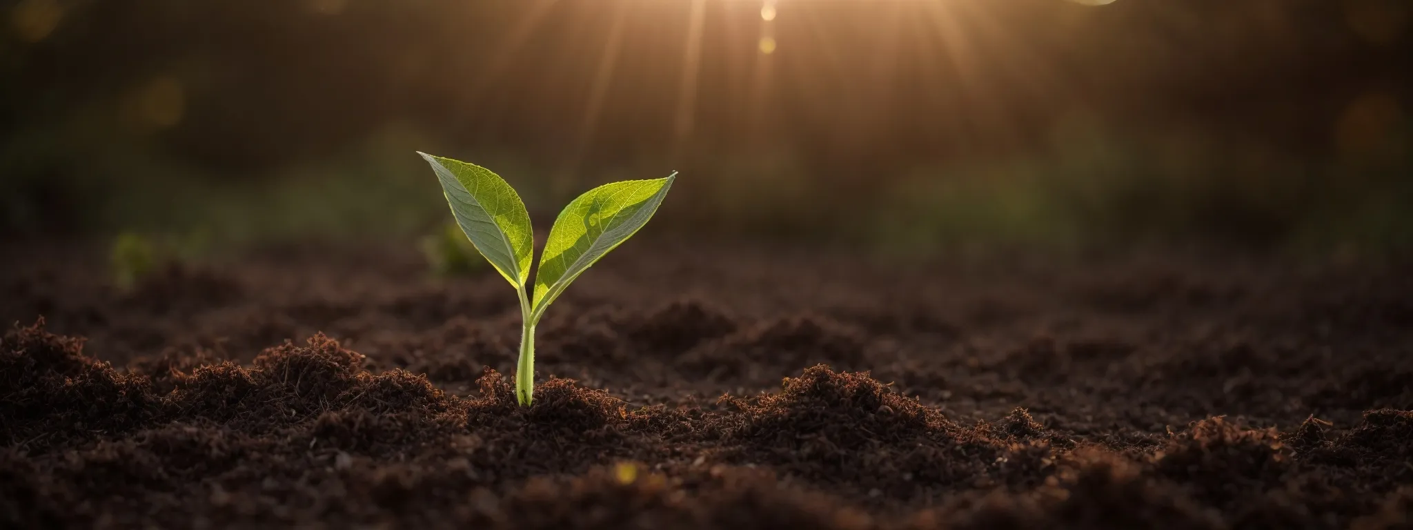 a sprouting plant emerging from fertile soil against a backdrop of sunlight to symbolize organic growth and natural success.