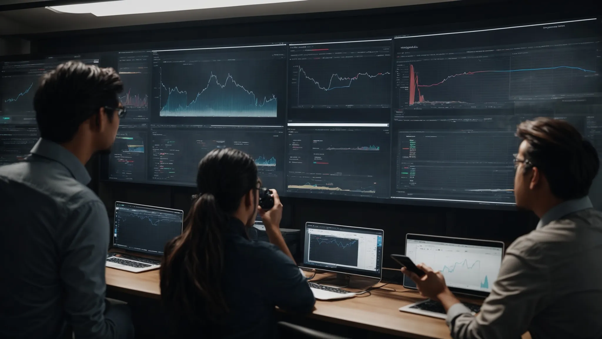 a bustling digital marketing team analyzes data charts on a large screen, brainstorming seo tactics together.