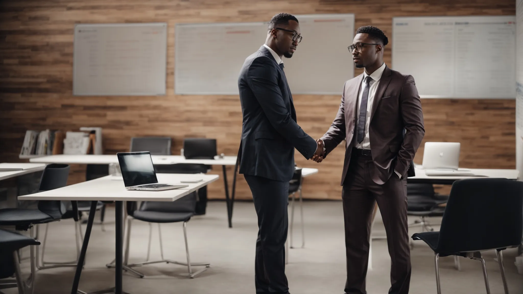 two business professionals shake hands across a table, with open laptops and a whiteboard with website traffic growth charts in the background.