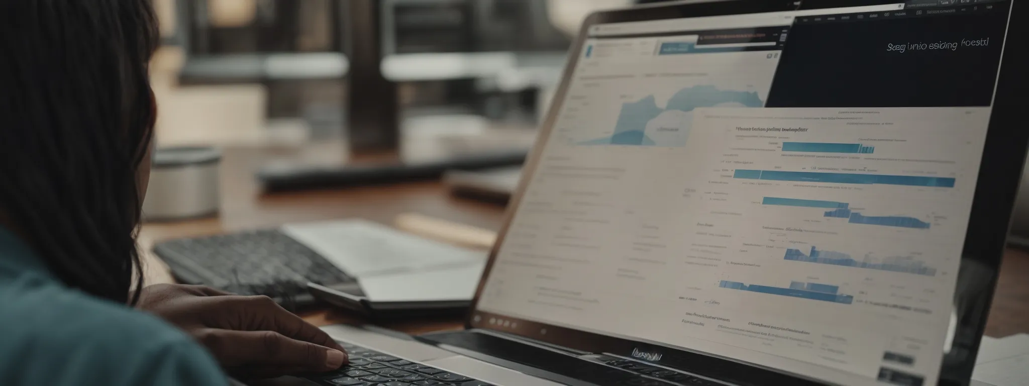 a writer thoughtfully gazes at a laptop screen displaying a bar graph and search engine alongside a list of highlighted keywords.