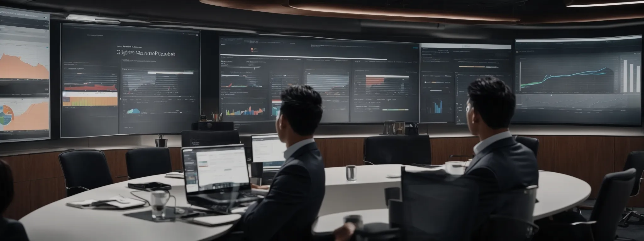 a professional presenting a comprehensive digital marketing report on a large screen in a modern office meeting room.