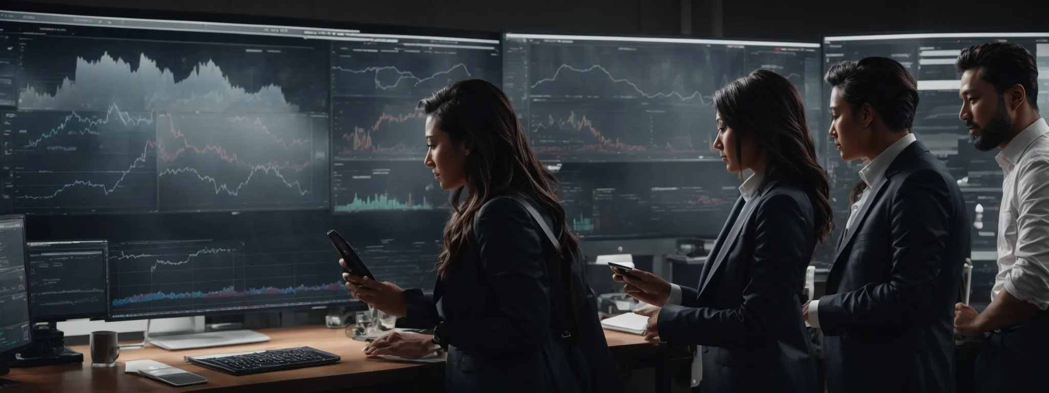 a team of professionals collaborates around a digital marketing analytics dashboard, showcasing various marketing channel metrics.