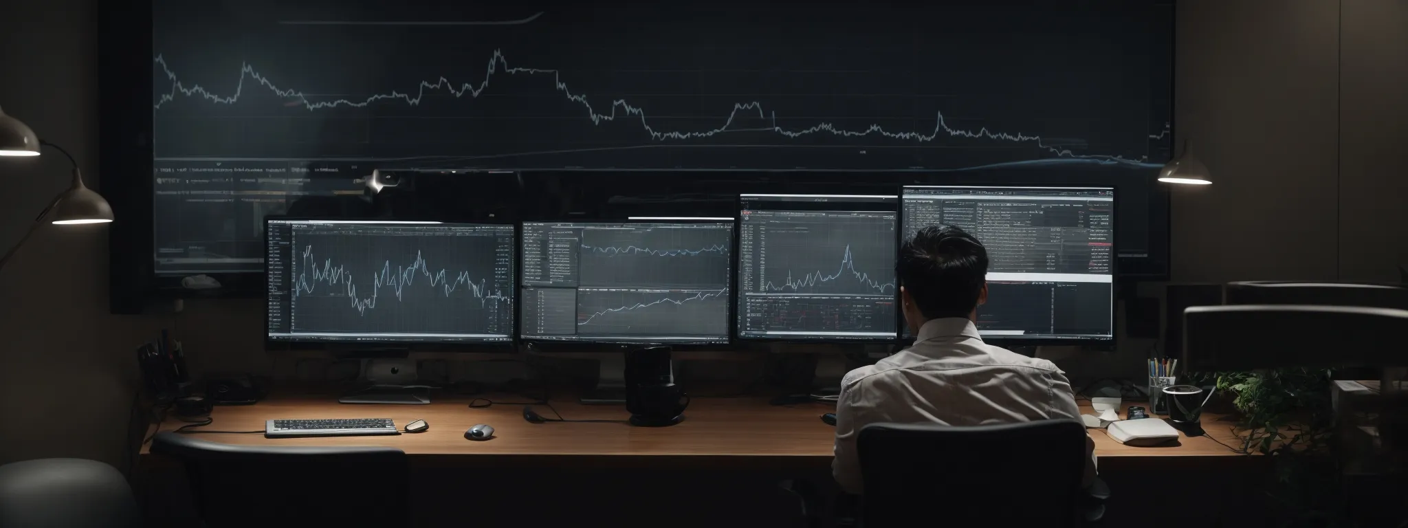 a person sitting at a desk with a computer amidst a modern office setting, focused on analyzing a graph of search engine trends.