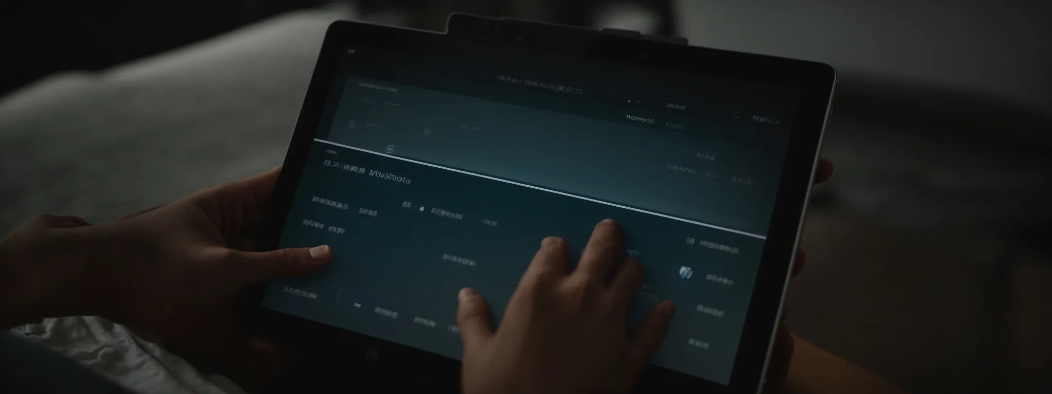 a person sitting comfortably with a tablet displaying a clear and simple interface with large text and user-friendly navigation.