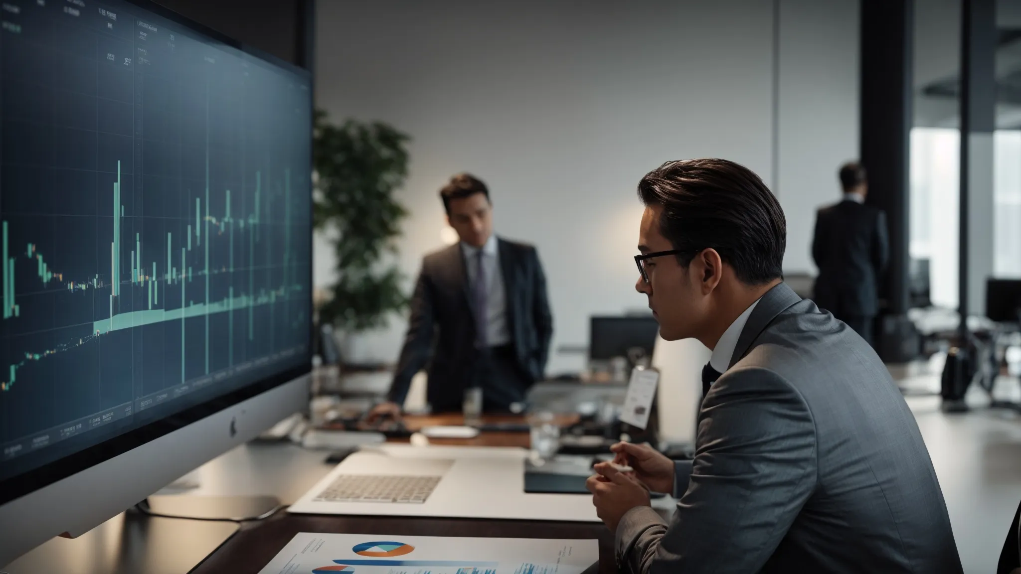 two business professionals examine data charts on a large screen, strategizing in a modern office.