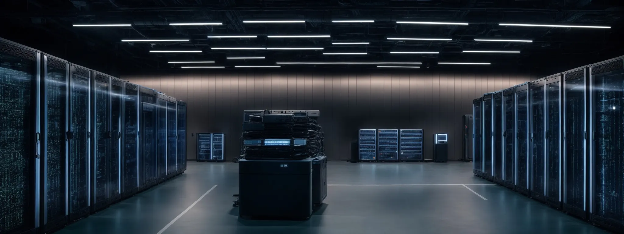 a panoramic view of a high-tech server room with racks of equipment symbolizing the backbone of seo infrastructure and digital advancement.