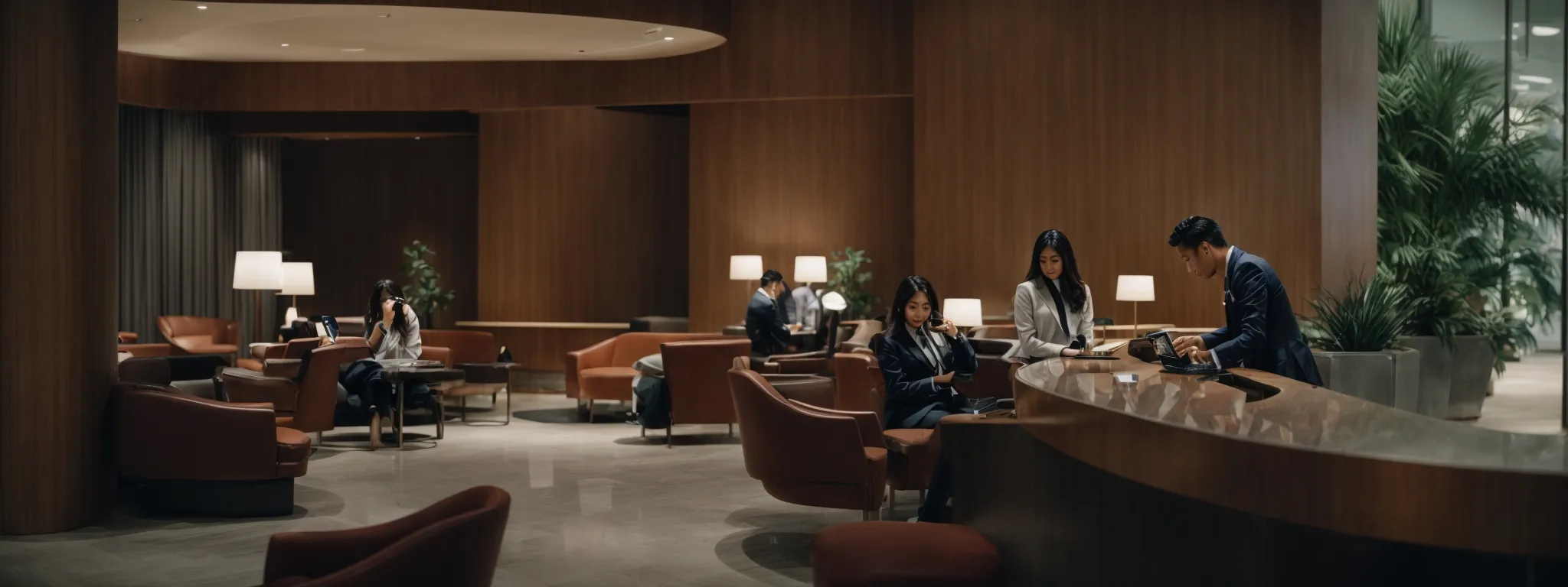 a modern hotel lobby with guests using their smartphones and a receptionist working on a computer.