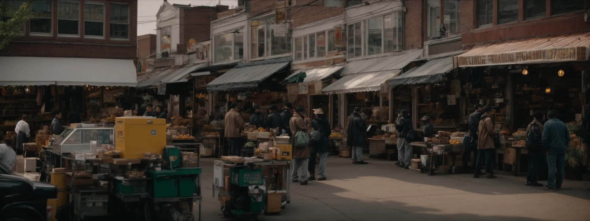 a bustling local marketplace in ann arbor with various storefronts showcasing their unique goods.