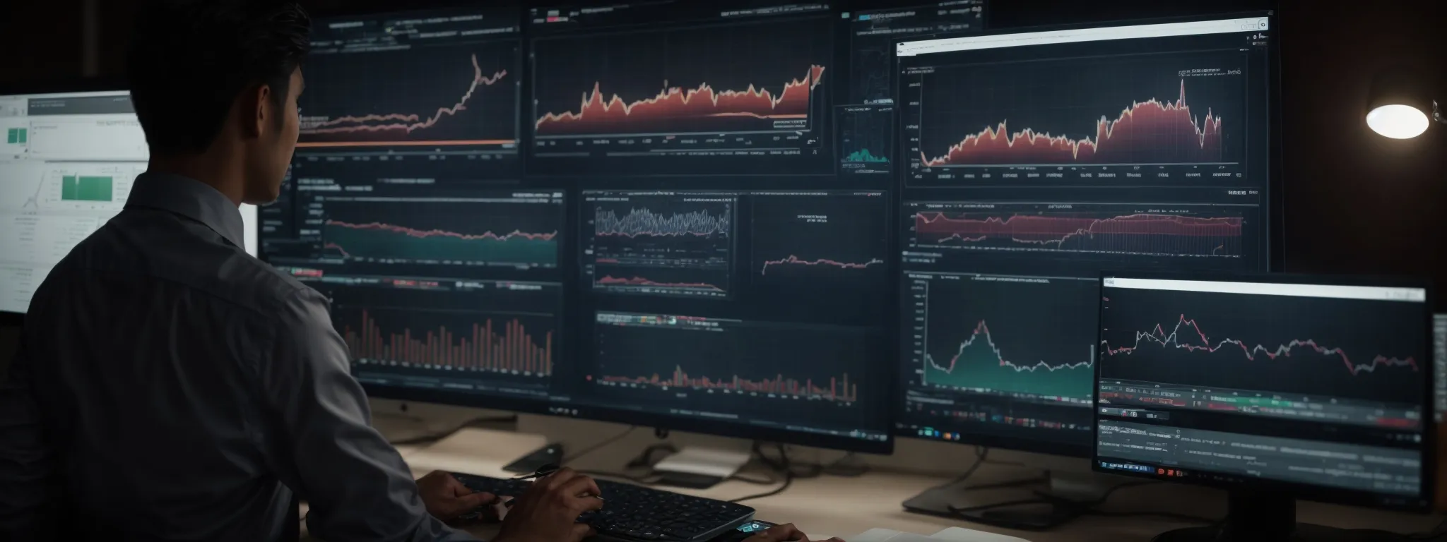 a marketer analyzes charts and graphs on a computer screen, showing trends in google ads performance and seo metrics.