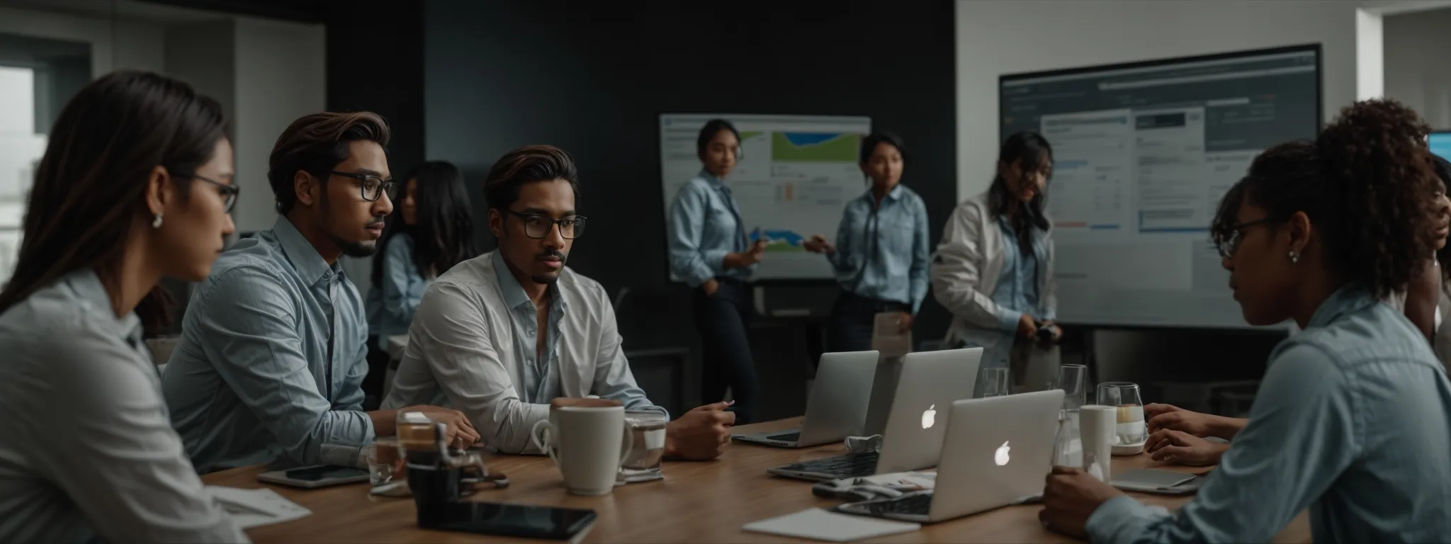 a diverse team gathered around a modern conference table, intently focusing on a shared laptop screen displaying a complex content strategy dashboard.