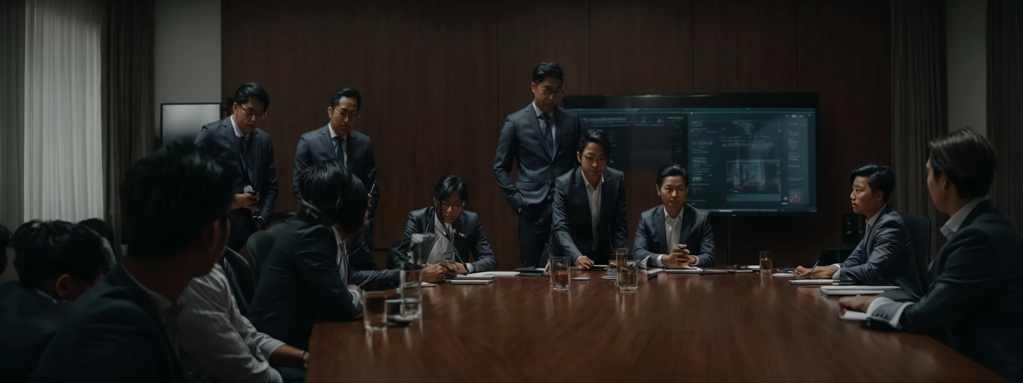 a group of professionals huddle around a conference table focused on a digital presentation, symbolizing a collaborative learning session.