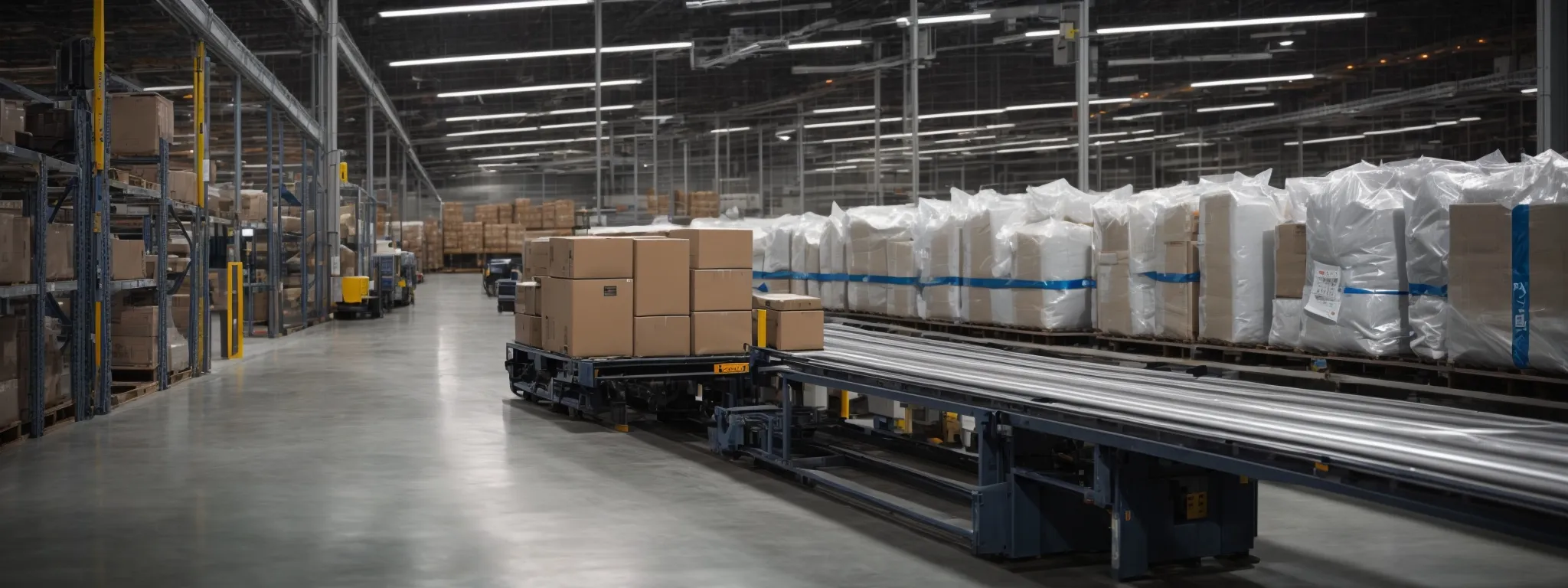a seamless conveyor belt transporting packages in a modern distribution warehouse.