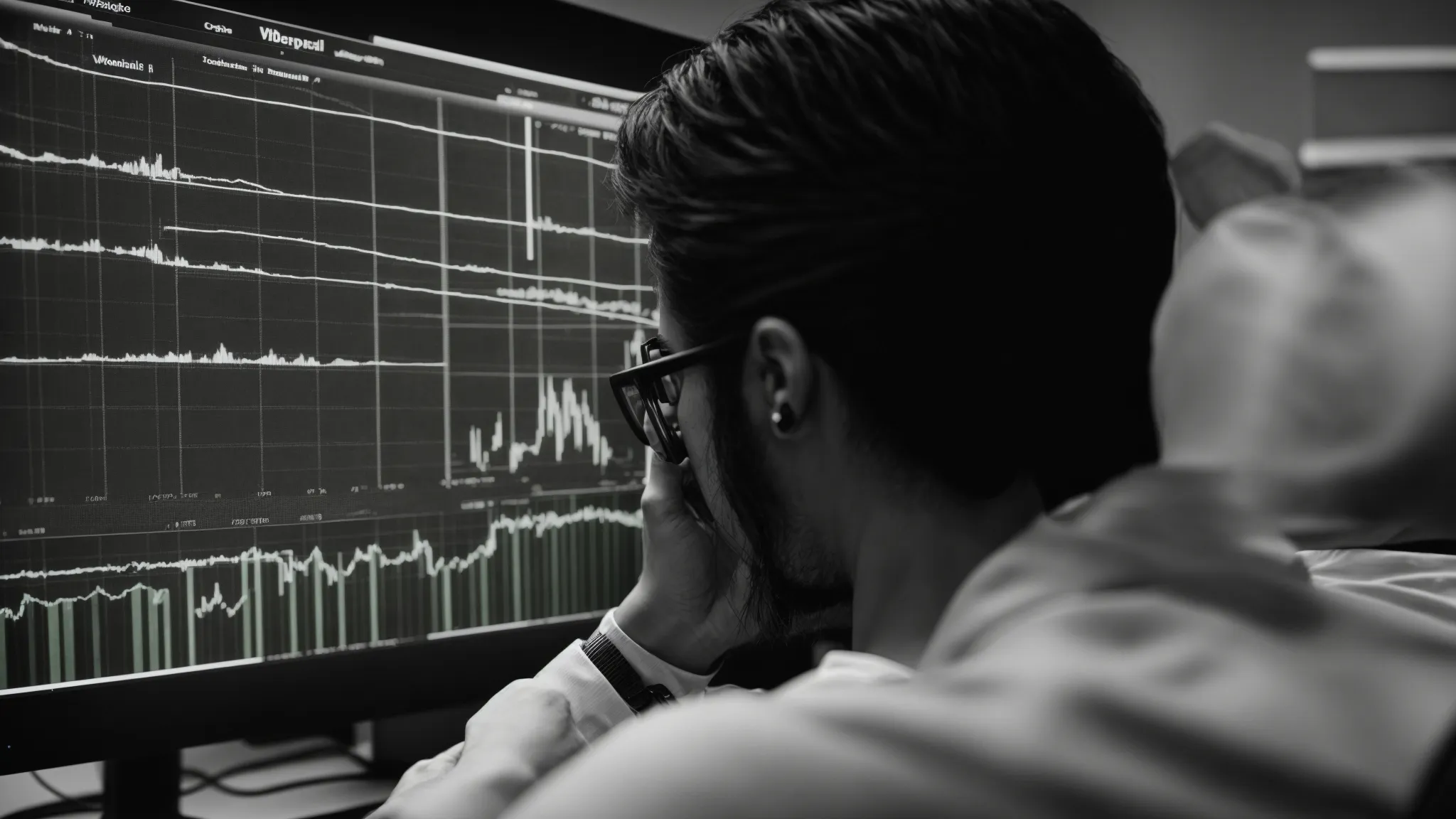 a webmaster intently observes the changing graphs on a computer screen, reflecting the fluctuations in seo rankings after disavowing links.
