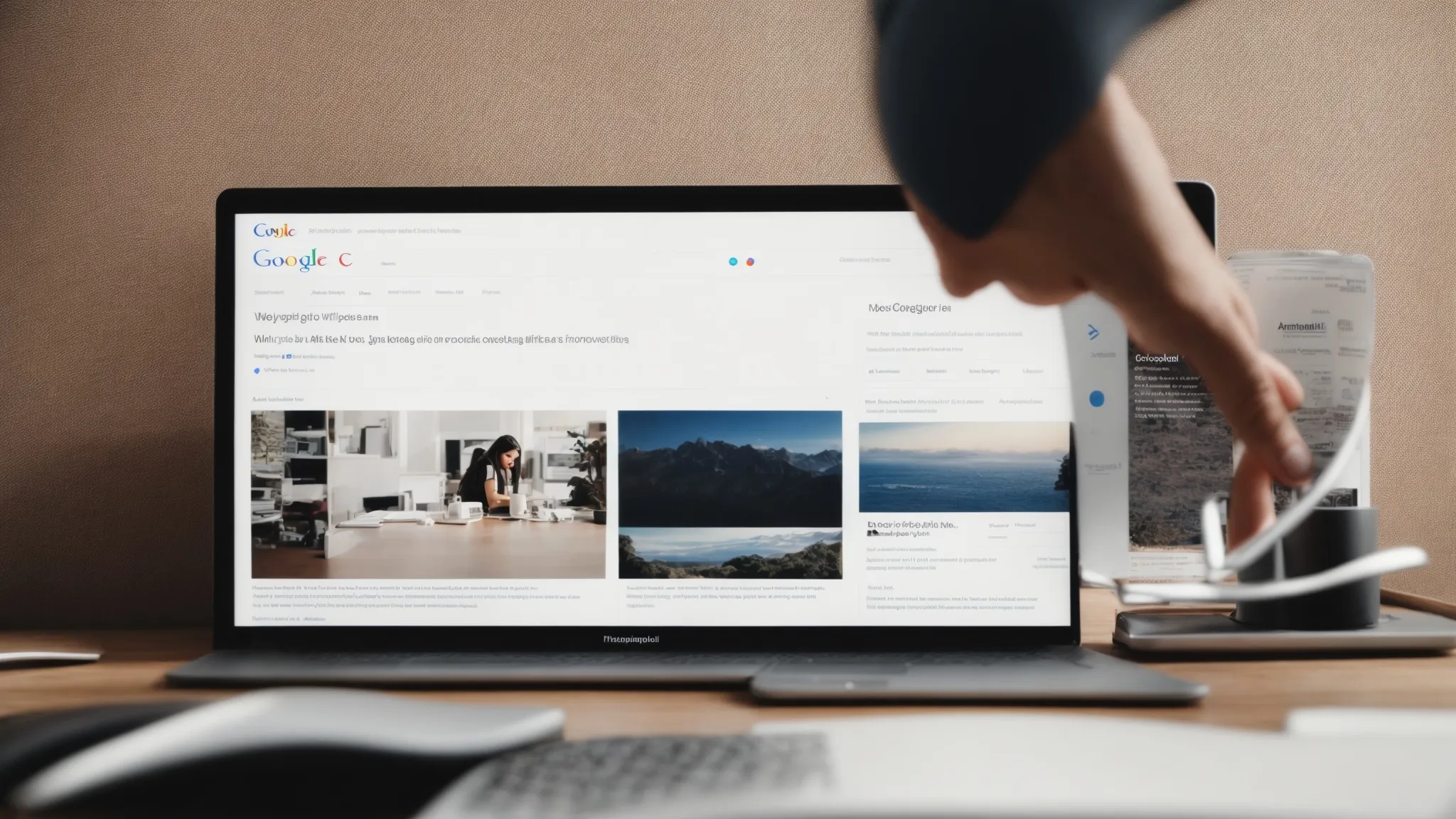 a person sitting at a computer clicking a mouse, with the google news homepage on the screen.