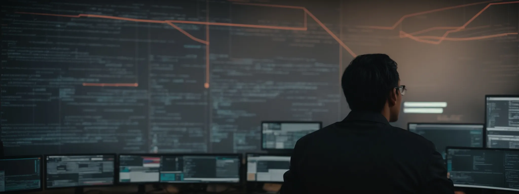 a web developer stares intently at a computer screen, optimizing code, with a large, visible flowchart of redirect strategies on the wall behind them.