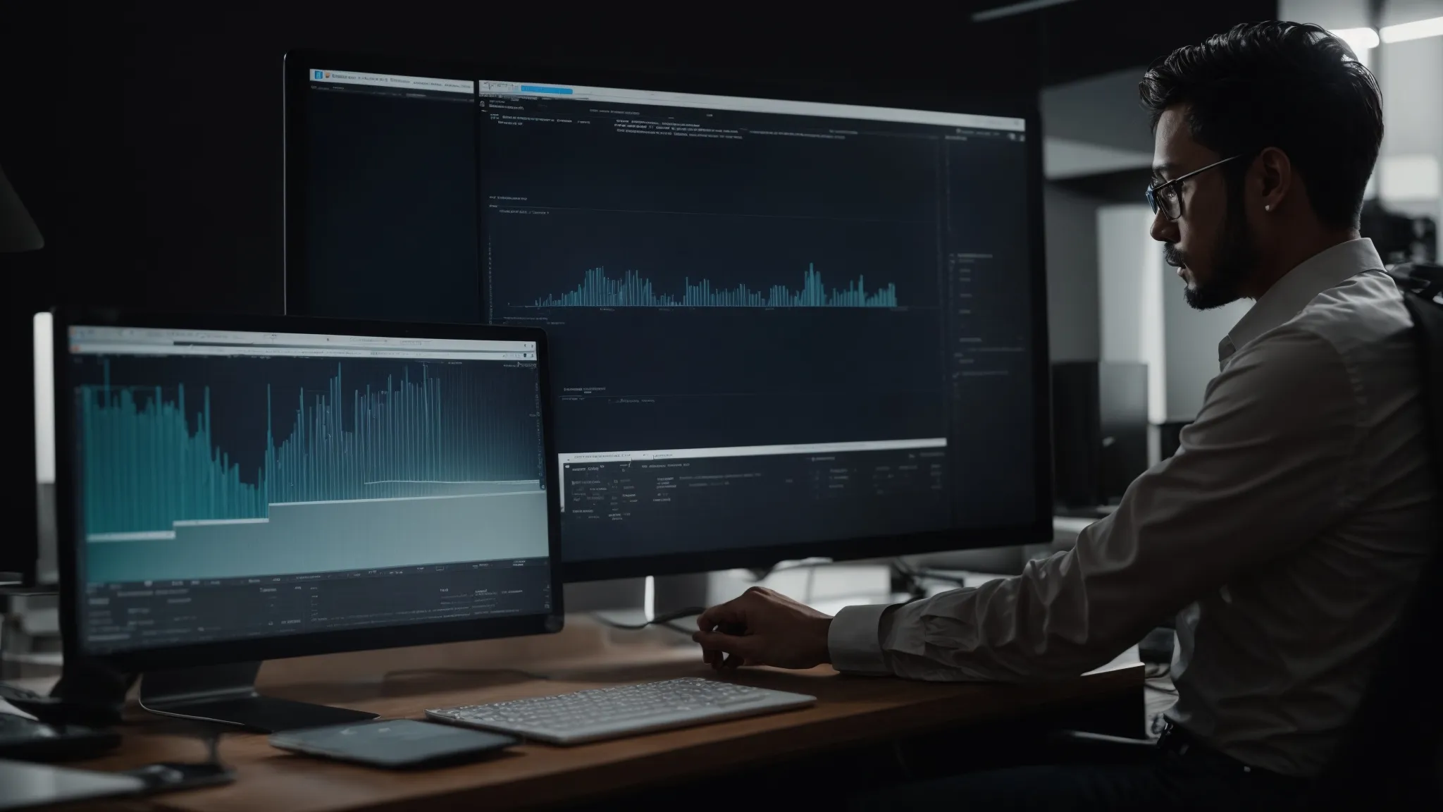 a marketer analyzing data trends on a computer with digital marketing analysis software displayed on the screen.