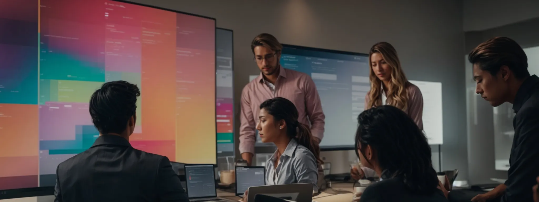 a group of marketing professionals analyzing a vibrant heatmap overlay on a website interface during a team meeting.