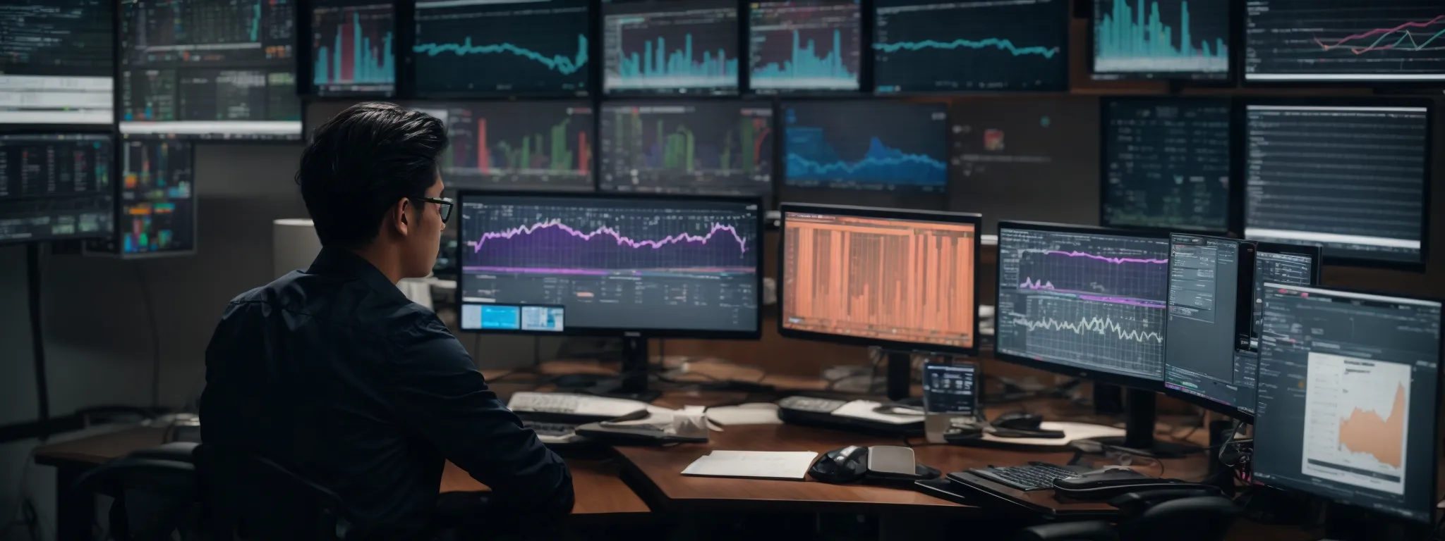 a person sitting at a modern desk in a well-lit office surrounded by multiple computer screens displaying colorful graphs and social media interfaces.