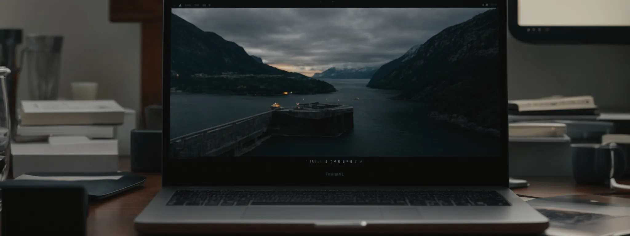 a laptop on a desk displaying a partially loaded webpage with images appearing as scrolling down.
