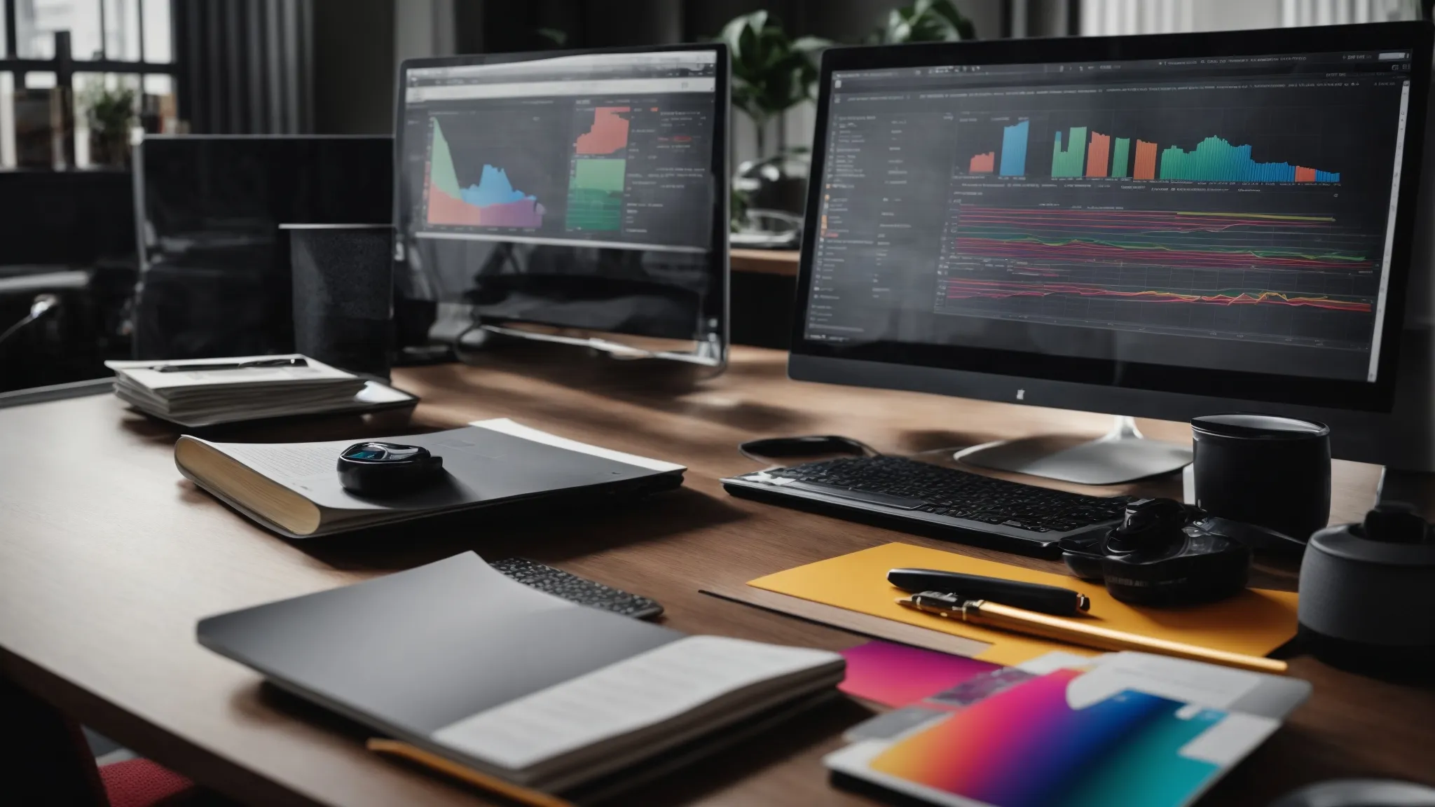 a person sitting at a modern desk with a computer displaying colorful graphs and a notepad with bullet points, reflecting a strategic planning session.