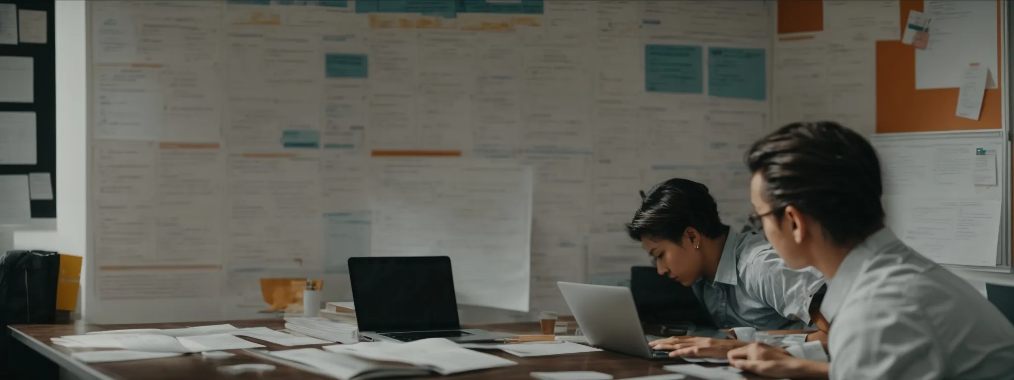 a person thoughtfully types on a laptop surrounded by marketing strategy books and a whiteboard filled with seo plans.