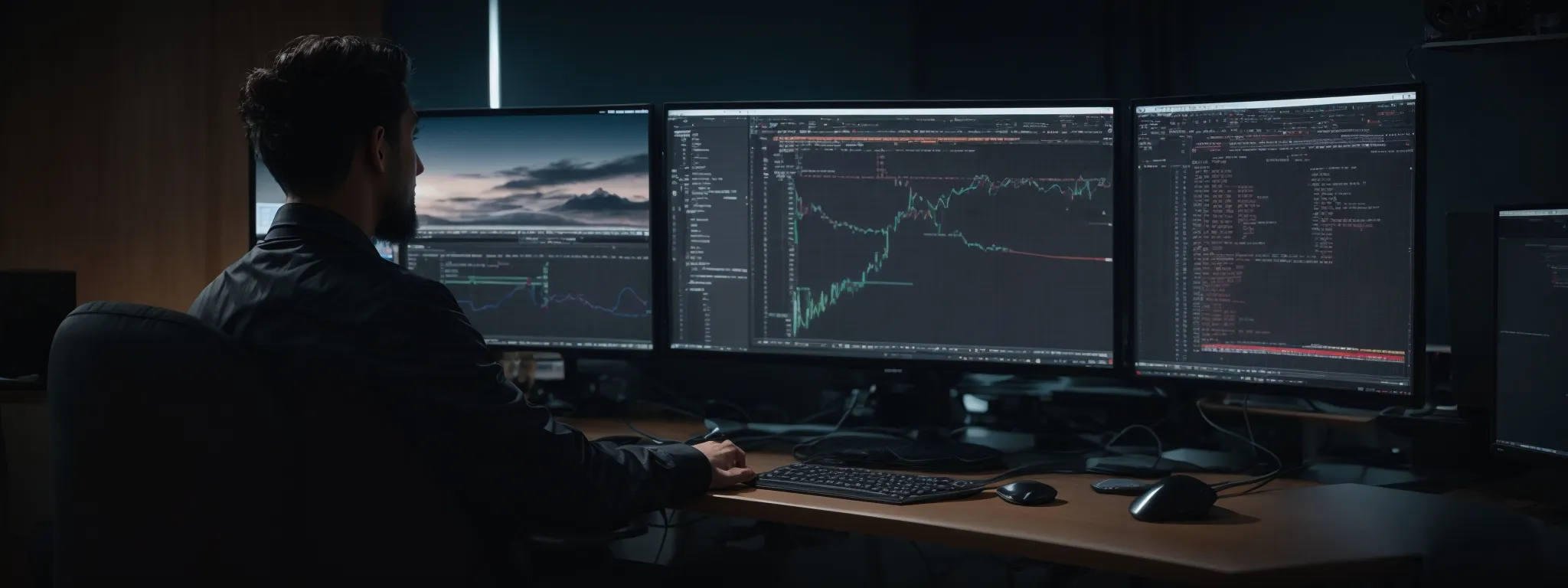 a developer sits in front of dual monitors, intensely focused on optimizing an angular web application's codebase for seo performance.