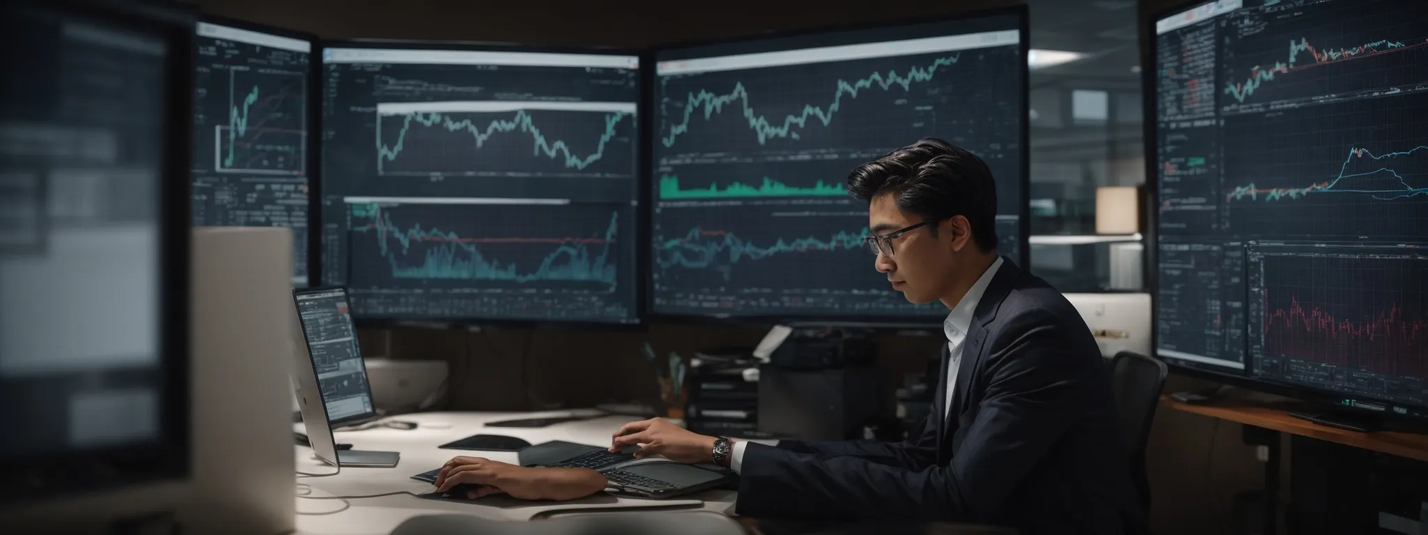 a person intently studying complex graphs and charts on a computer screen in a modern office setting.