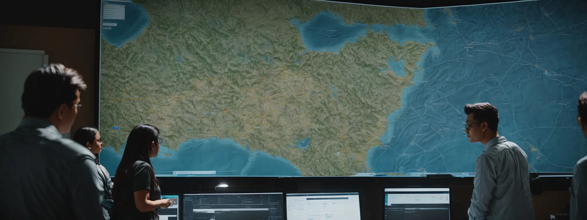 a digital marketing team analyzes a map overlaid with data charts on a large monitor, strategizing for a local seo campaign.