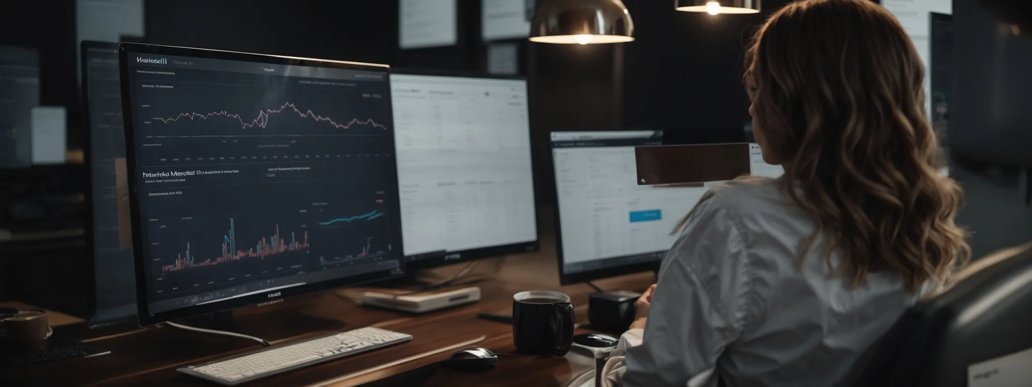 a person in a relaxed posture navigates a sophisticated dashboard on a computer screen, delving into charts and graphs depicting website performance metrics.