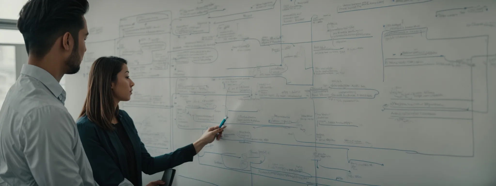 a focused marketing team analyzes complex flowcharts on a whiteboard to strategize seo structure.