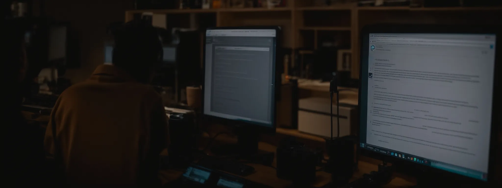 a person sits before a computer screen displaying a webpage being optimized for search engines, focusing intently on editing the html title tag.