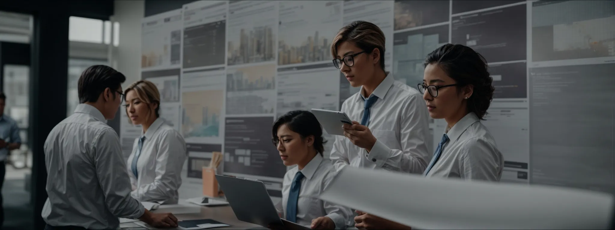 a business team reviews a large poster board plan while simultaneously editing a marketing campaign on a digital tablet.