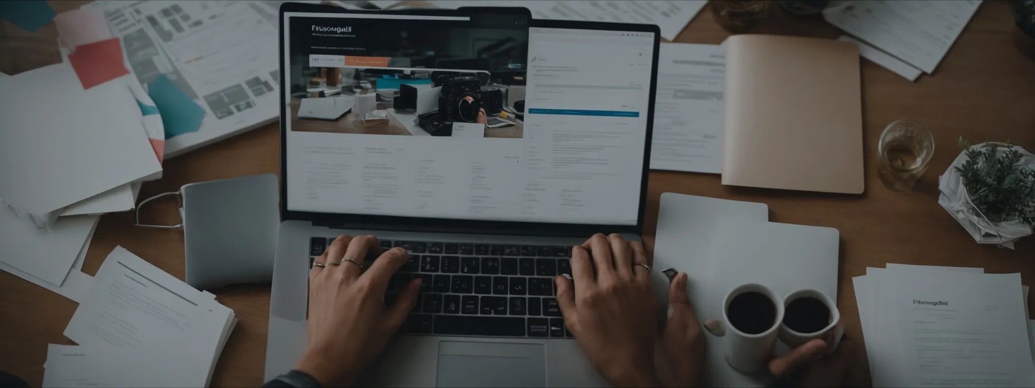 an individual typing on a laptop, surrounded by marketing strategy documents and seo research reports.