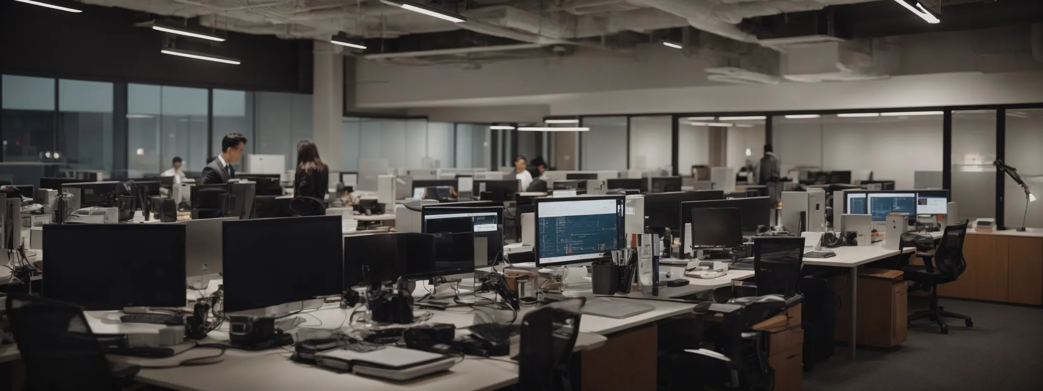 a modern office with computers and a relaxed, focused team collaboratively optimizing website content.