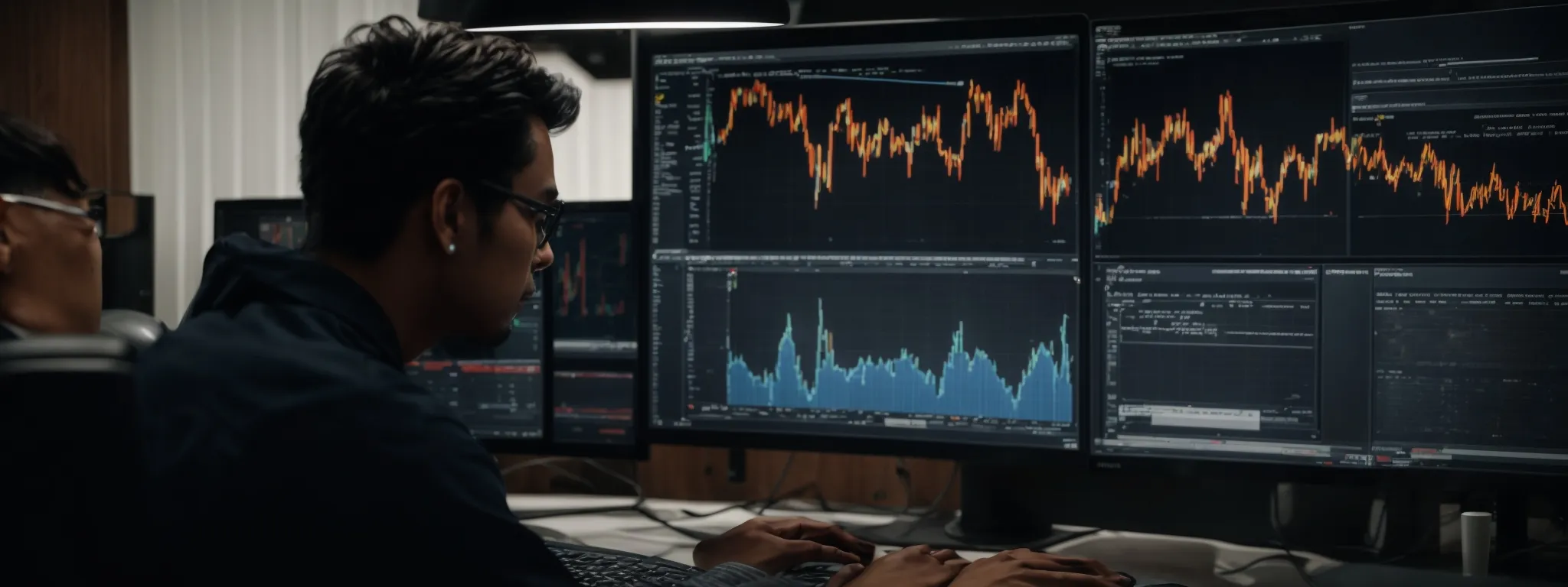 A person sits at a desk analyzing multiple financial charts and data on several computer monitors in a dimly lit office.