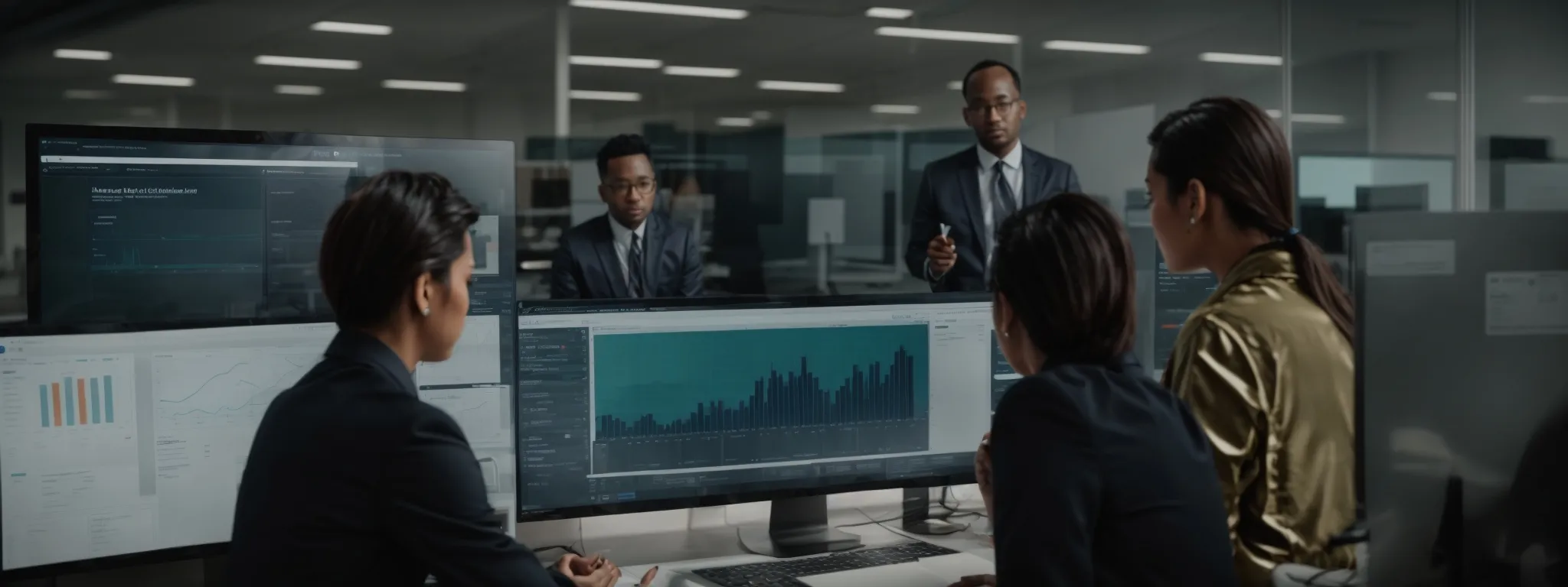 a marketing team analyzes data on a computer dashboard, strategizing their content plan in a bright, modern office.