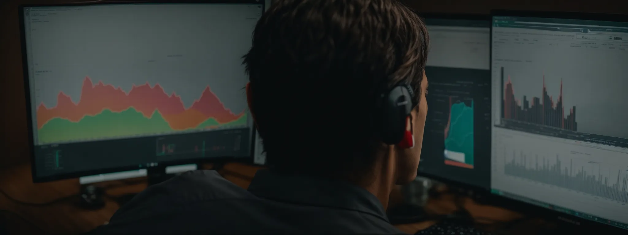 a person intently analyzing comprehensive data charts and graphs on a computer screen.